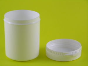 A plastic jar 100 ml with a closing lid and a guarantee ring.