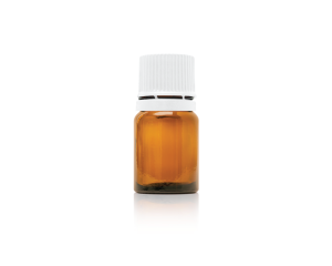 A glass bottle 5ml with a cap, a guarantee ring and a dropper cap.
