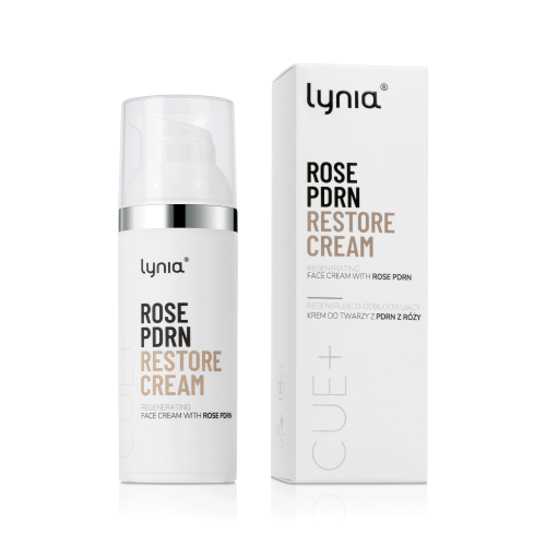 Packshot der Lynia regenerierenden Gesichtscreme mit Rosen-PDRN 50 ml in hygienischer Airless-Verpackung.